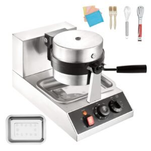 commercial waffle maker, 1 piece per batch, 1300w round waffle iron, non stick waffle baker machine with 122 572 f/ 50 300 c temp range teflon coated baking pans stainless steel body, 120v