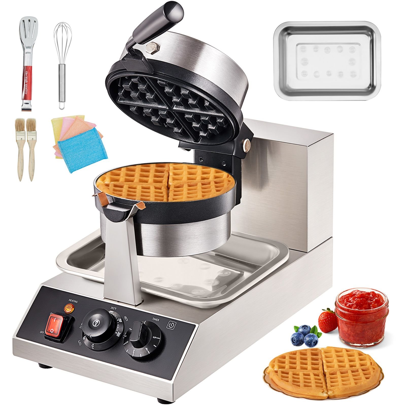 commercial waffle maker, 1 piece per batch, 1300w round waffle iron, non stick waffle baker machine with 122 572 f/ 50 300 c temp range teflon coated baking pans stainless steel body, 120v