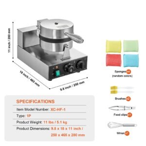 commercial waffle maker, 1230w round waffle baker machine, non stick stainless steel belgian waffle iron with temperature and time control, handle, for restaurant bakery snack bar family