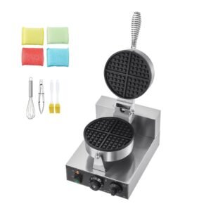 commercial waffle maker, 1230w round waffle baker machine, non stick stainless steel belgian waffle iron with temperature and time control, handle, for restaurant bakery snack bar family