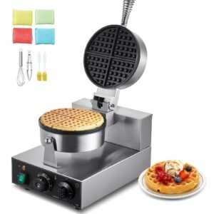 commercial waffle maker, 1230w round waffle baker machine, non stick stainless steel belgian waffle iron with temperature and time control, handle, for restaurant bakery snack bar family