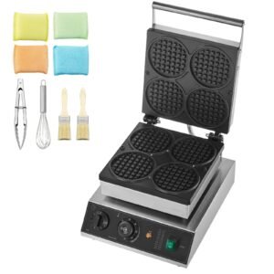 Commercial Waffle Maker, 4PCS Round Waffle Baker Machine,1750W Non-Stick Stainless Steel Belgian Waffle Iron with Temperature and Time Control, for Restaurant Bakery Snack Bar Family