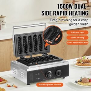 commercial waffle stick maker, 6pcs 1500w waffle baker machine, non stick stainless steel corn hot dog waffle iron with temp and time control, handle, for restaurant bakery snack bar family