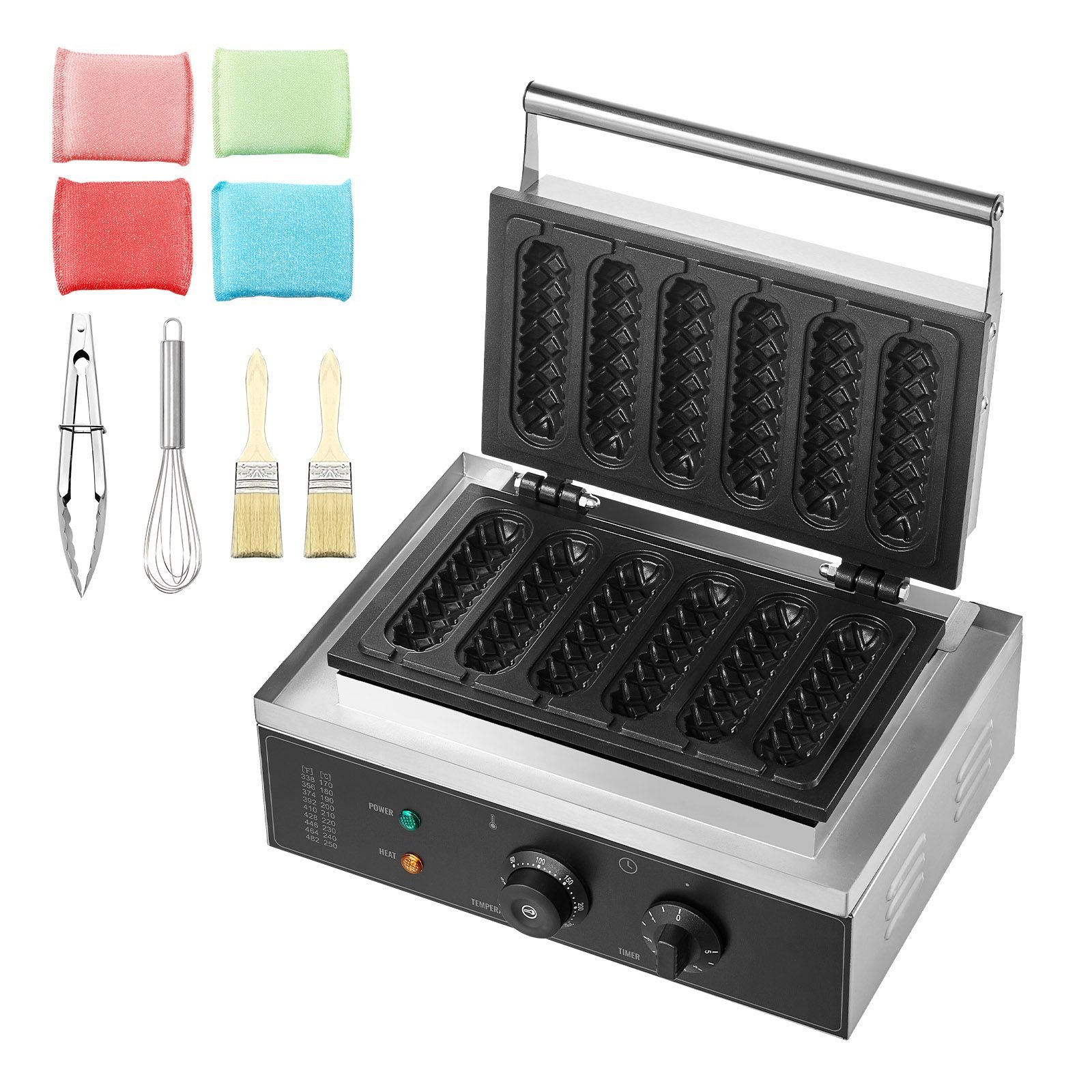 commercial waffle stick maker, 6pcs 1500w waffle baker machine, non stick stainless steel corn hot dog waffle iron with temp and time control, handle, for restaurant bakery snack bar family