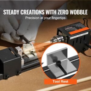 compact lathe machine, dimensions 2.76 x 6.3 inches, 24vdc 96w, includes milling machine accessories, features 7 adjustable speeds ranging from 4220 to 8450 rpm, ideal for diy woodworking and