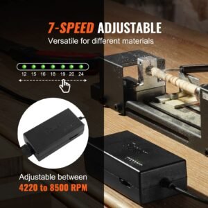 compact lathe machine, dimensions 2.76 x 6.3 inches, 24vdc 96w, includes milling machine accessories, features 7 adjustable speeds ranging from 4220 to 8450 rpm, ideal for diy woodworking and