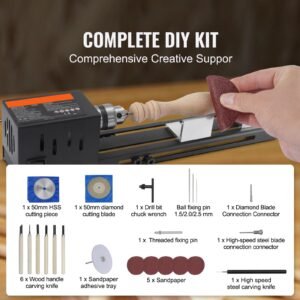 compact lathe machine, dimensions 2.76 x 6.3 inches, 24vdc 96w, includes milling machine accessories, features 7 adjustable speeds ranging from 4220 to 8450 rpm, ideal for diy woodworking and