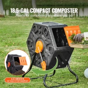 compost bin, 18.5 gal composting tumbler, compact single rotating chamber with sliding door and steel frame, bpa free small composter bin tumbler for garden, kitchen, yard, outdoor
