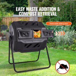 compost bin, 43 gal dual chamber composting tumbler, large tumbling rotating composter with 2 sliding doors and steel frame, bpa free composter bin tumbler for garden, kitchen, yard, outdoor