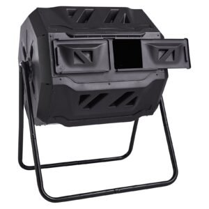 compost bin, 43 gal dual chamber composting tumbler, large tumbling rotating composter with 2 sliding doors and steel frame, bpa free composter bin tumbler for garden, kitchen, yard, outdoor