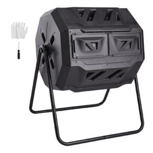 compost bin, 43 gal dual chamber composting tumbler, large tumbling rotating composter with 2 sliding doors and steel frame, bpa free composter bin tumbler for garden, kitchen, yard, outdoor