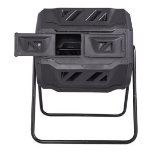 compost bin, 43 gal dual chamber composting tumbler, large tumbling rotating composter with 2 sliding doors and steel frame, bpa free composter bin tumbler for garden, kitchen, yard, outdoor
