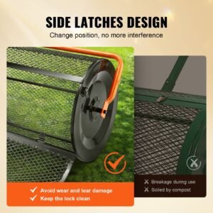 compost spreader, 24.4 25.6" height adjustable handle, 24" wide, lawn and garden peat moss roller with side latches, powder coated steel mesh basket for spreading manure, topsoil, black