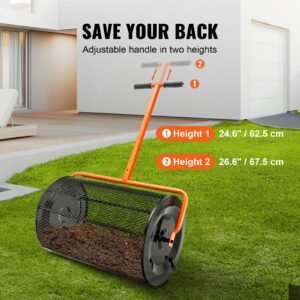 compost spreader, 24.4 25.6" height adjustable handle, 24" wide, lawn and garden peat moss roller with side latches, powder coated steel mesh basket for spreading manure, topsoil, black