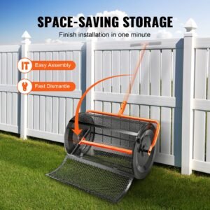 compost spreader, 24.4 25.6" height adjustable handle, 24" wide, lawn and garden peat moss roller with side latches, powder coated steel mesh basket for spreading manure, topsoil, black