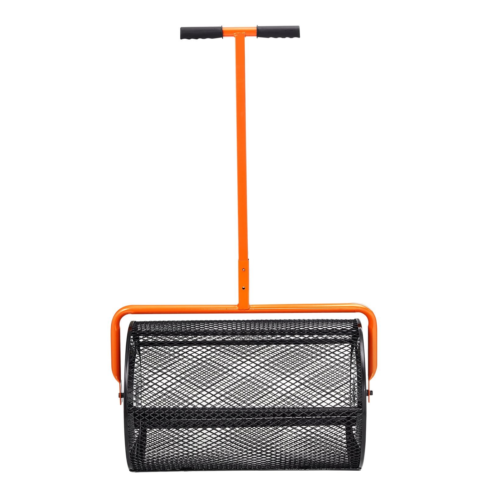 compost spreader, 24.4 25.6" height adjustable handle, 24" wide, lawn and garden peat moss roller with side latches, powder coated steel mesh basket for spreading manure, topsoil, black