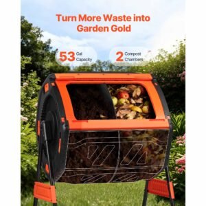 compost tumbler, 53 gallon dual chamber outdoor tumbling composter with 2 sliding doors and aeration system, large easy turn rotating composting bin for outside, garden, kitchen, and yard waste