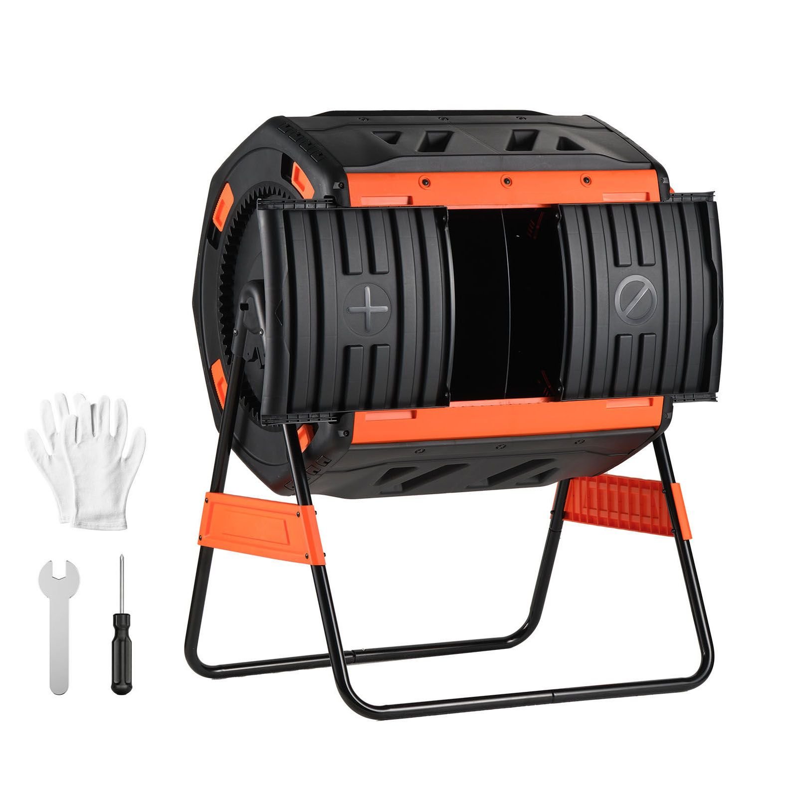compost tumbler, 53 gallon dual chamber outdoor tumbling composter with 2 sliding doors and aeration system, large easy turn rotating composting bin for outside, garden, kitchen, and yard waste