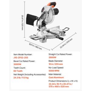 compound miter saw, 10 inch blade, 15 amp motor, 60 tooth, corded single bevel 0 45°, led precision alignment, angle adjustable, lightweight cast aluminum base, for wood, composite decking