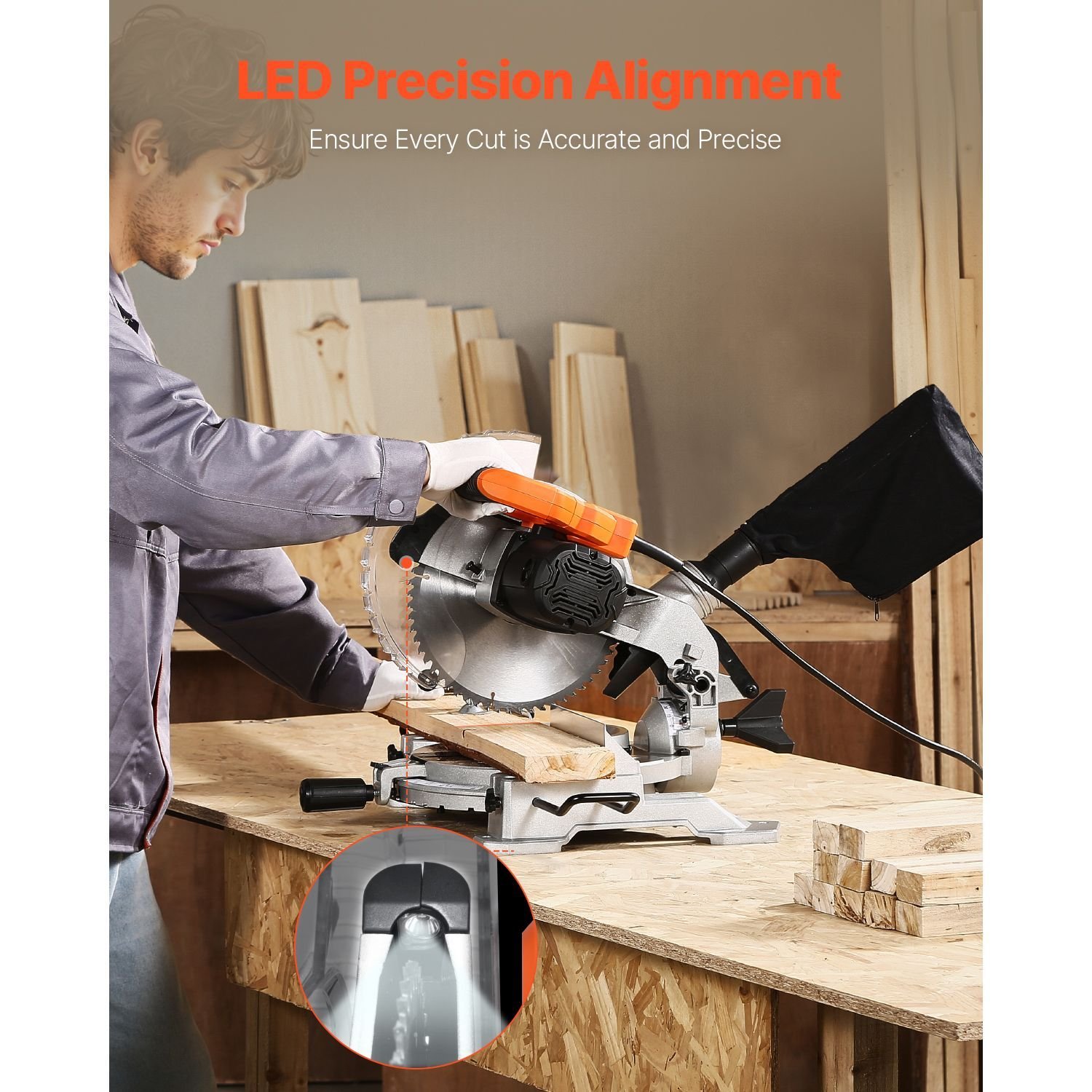 compound miter saw, 10 inch blade, 15 amp motor, 60 tooth, corded single bevel 0 45°, led precision alignment, angle adjustable, lightweight cast aluminum base, for wood, composite decking