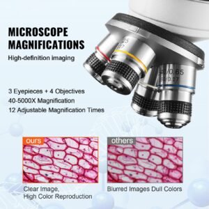 compound trinocular microscope, 40x 5000x magnification trinocular compound lab microscope with two layer mechanical stage, external interface, led illumination and microscope slides included
