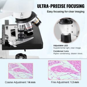 compound trinocular microscope, 40x 5000x magnification trinocular compound lab microscope with two layer mechanical stage, external interface, led illumination and microscope slides included