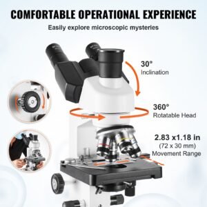 compound trinocular microscope, 40x 5000x magnification trinocular compound lab microscope with two layer mechanical stage, external interface, led illumination and microscope slides included
