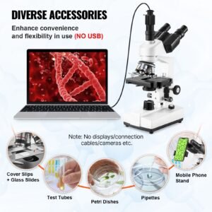 compound trinocular microscope, 40x 5000x magnification trinocular compound lab microscope with two layer mechanical stage, external interface, led illumination and microscope slides included