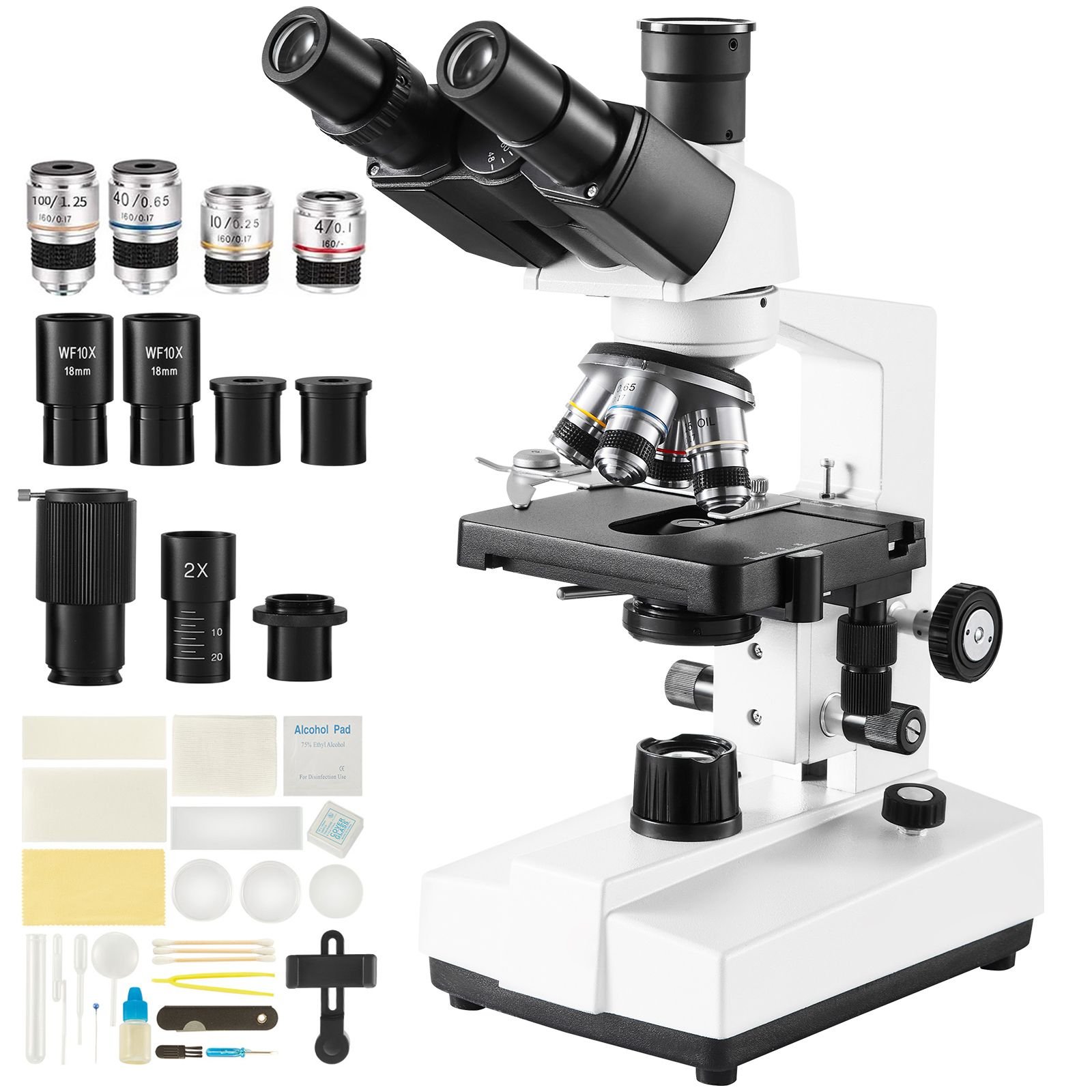 compound trinocular microscope, 40x 5000x magnification trinocular compound lab microscope with two layer mechanical stage, external interface, led illumination and microscope slides included