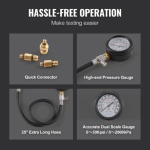 compression tester adapter kit, 9 pcs automotive engine cylinder leak down compression test, accurate dual scale pressure gauge 0 300 psi, with long reach hoses and case for engine cylinders