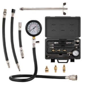Compression Tester Adapter Kit, 9 Pcs Automotive Engine Cylinder Leak Down Compression Test, Accurate Dual Scale Pressure Gauge 0-300 psi, with Long Reach Hoses and Case for Engine Cylinders