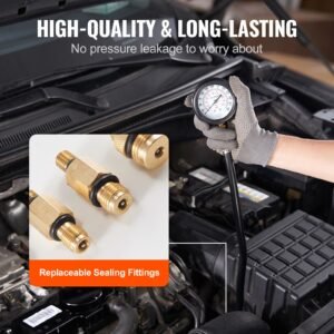 compression tester adapter kit, 9 pcs automotive engine cylinder leak down compression test, accurate dual scale pressure gauge 0 300 psi, with long reach hoses and case for engine cylinders