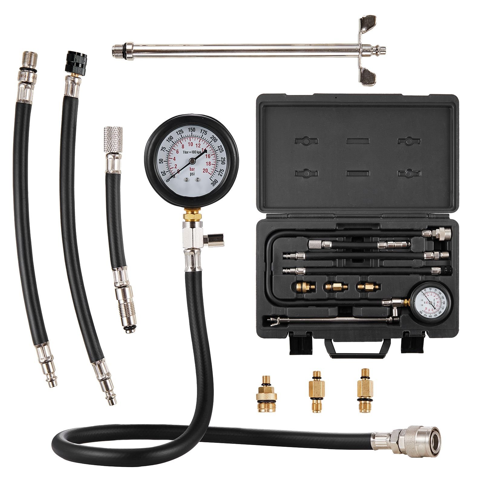compression tester adapter kit, 9 pcs automotive engine cylinder leak down compression test, accurate dual scale pressure gauge 0 300 psi, with long reach hoses and case for engine cylinders