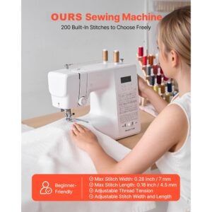 computerized sewing machine, 200 stitch applications, with lcd screen, foot pedal and led light, heavy duty metal frame, digital sewing machine with powerful motor for crafts and mending