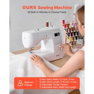 computerized sewing machine, 60 stitch applications, with led screen, foot pedal and led light, heavy duty metal frame, digital sewing machine with powerful motor for crafts and mending