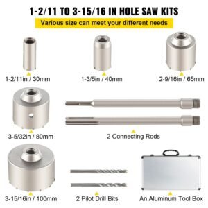 concrete hole saw kit, 1 2/11", 1 3/5", 2 9/16", 3 5/32", 3 15/16" drill bit set sds plus & sds max shank wall hole cutter with a 4 1/3" connecting rod for concrete, cement, stone wall, ma