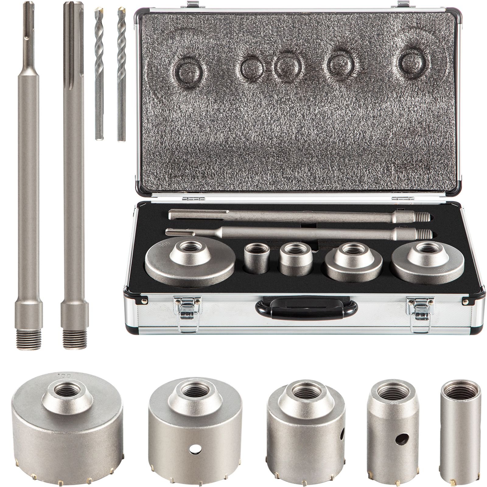 concrete hole saw kit, 1 2/11", 1 3/5", 2 9/16", 3 5/32", 3 15/16" drill bit set sds plus & sds max shank wall hole cutter with a 4 1/3" connecting rod for concrete, cement, stone wall, ma
