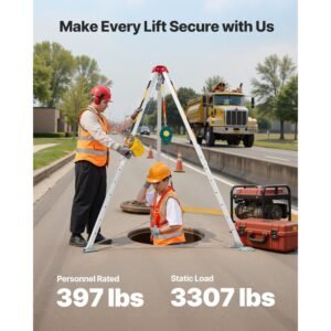 confined space tripod kit, heavy duty rescue tripod lifting hoist 1200 lbs winch, 4.1 ft adjustable legs, 65 ft cable portable kit, 32.8 ft fall protection, 4.40 7.05 ft working height