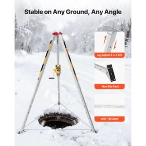 confined space tripod kit, heavy duty rescue tripod lifting hoist 1200 lbs winch, 4.1 ft adjustable legs, 65 ft cable portable kit, 32.8 ft fall protection, 4.40 7.05 ft working height