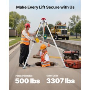 confined space tripod kit, heavy duty rescue tripod lifting hoist 1200 lbs winch, 4.1 ft adjustable legs, 98.5 ft cable portable kit, 32.8 ft fall protection, 4.40 7.05 ft working height
