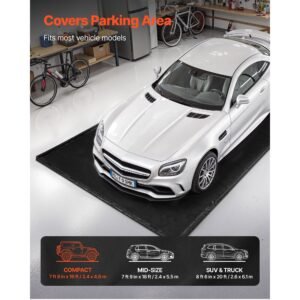 containment mat, 7 ft 9 in x 16 ft, non slip pvc garage floor mat with a cleaning squeegee, heavy duty durable waterproof containment protection from snow, rain and mud for cars parking, black