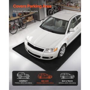 containment mat, 7 ft 9 in x 18 ft, non slip pvc garage floor mat with a cleaning squeegee, heavy duty durable waterproof containment protection from snow, rain and mud for cars parking, black