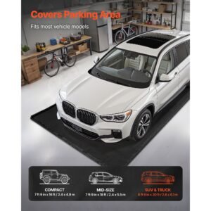 containment mat, 8 ft 6 in x 20 ft, non slip pvc garage floor mat with a cleaning squeegee, heavy duty durable waterproof protection from snow, rain and mud for cars suvs trucks parking, black