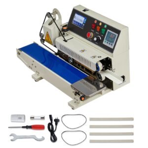 Continuous Bag Band Sealing Machine, 0.24-0.47 in Seal Width, Horizontal Band Sealer Machine with Ink Printing, Temp & Speed Adjustable, Heat Sealing Machine for 0.001-0.03 in Plastic Bags