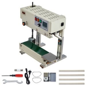 Continuous Bag Band Sealing Machine, 0.24-0.47 in Seal Width, Vertical Band Sealer Machine with Roller Printing , Temp & Speed Adjustable, Heat Sealing Machine for 0.001-0.03 in Plastic Bags
