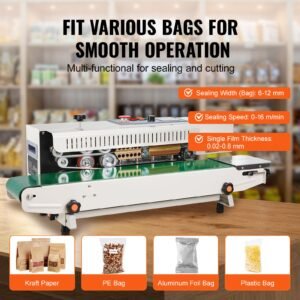 continuous bag band sealing machine, 0.24 0.47 in/6 12 mm seal width, horizontal band sealer machine with digital temperature control, bag sealer for 0.02 0.8 mm plastic bags, inflation function