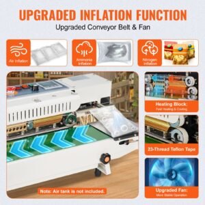 continuous bag band sealing machine, 0.24 0.47 in/6 12 mm seal width, horizontal band sealer machine with digital temperature control, bag sealer for 0.02 0.8 mm plastic bags, inflation function