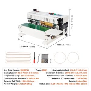 continuous bag band sealing machine, 0.24 0.47 in/6 12 mm seal width, horizontal band sealer machine with digital temperature control, bag sealer for 0.02 0.8 mm plastic bags with count function