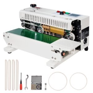 continuous bag band sealing machine, 0.24 0.47 in/6 12 mm seal width, horizontal band sealer machine with digital temperature control, bag sealer for 0.02 0.8 mm plastic bags with count function