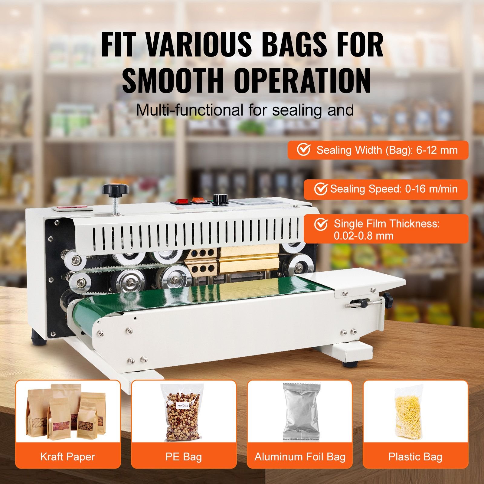 continuous bag band sealing machine, 0.24 0.47 in/6 12 mm seal width, horizontal band sealer machine with digital temperature control, bag sealer for 0.02 0.8 mm plastic bags with count function